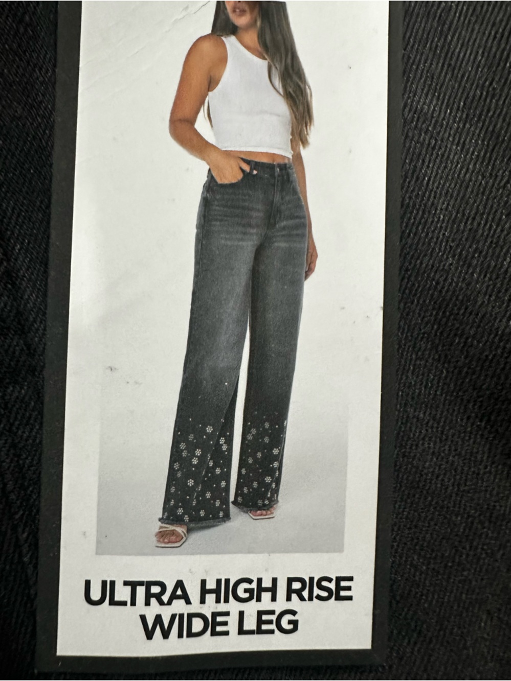 BCBG Black Ultra High Rise Wide Leg Jeans with Embellished Hem
